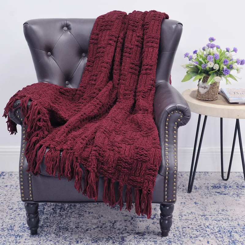 Cable Knitted Couch Cover Throw Blanket - 60" x 80" - Burgundy