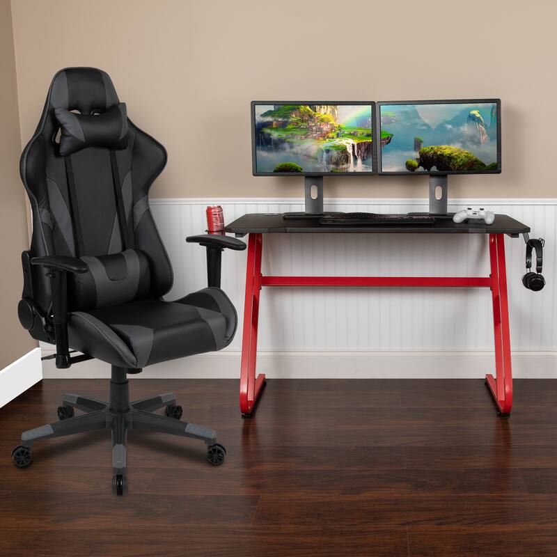 Desk Bundle - Gaming Desk, Cup Holder, Headphone Hook and Reclining Chair - Grey