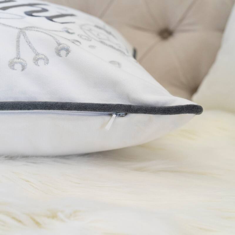 Merry & Bright Christmas Throw Pillow - 14x20" White and Silver Embroidered Velvet Lumbar Cushion