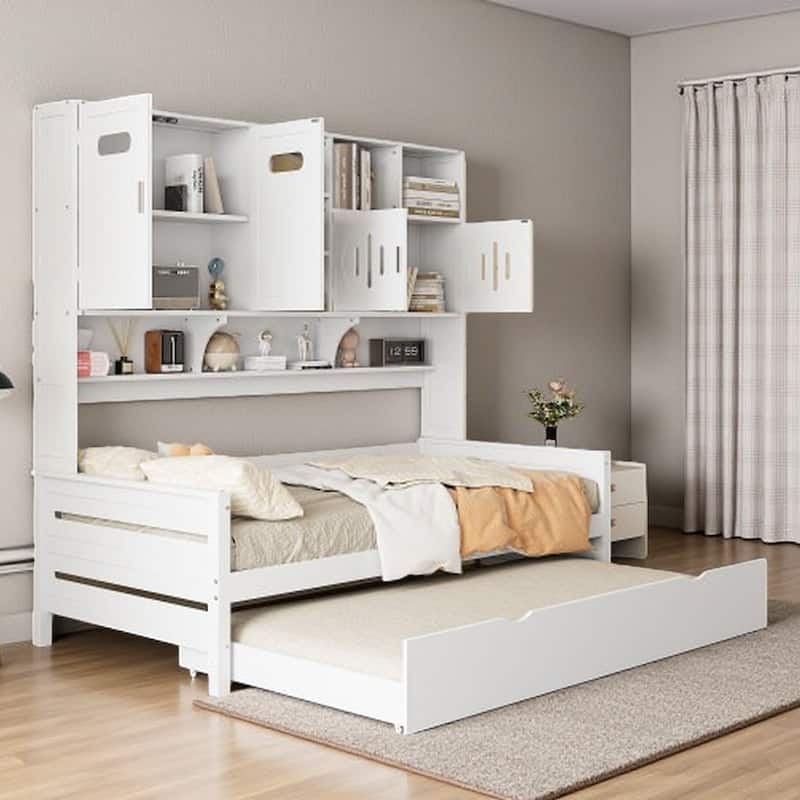 Full Size Wood Daybed with Built-in Storage Cabinet, Open Shelves & Twin Trundle Bed, Space-Saving Multi-Functional Frame - Twin White - Twin