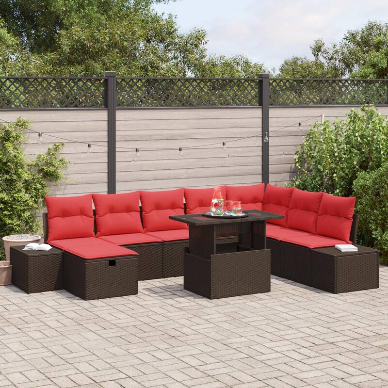 vidaXL 9 Garden Sofa Set with Cushions Black/Brown/Grey Poly Rattan - 125.6 x 82.3 x 27.2 - Brown