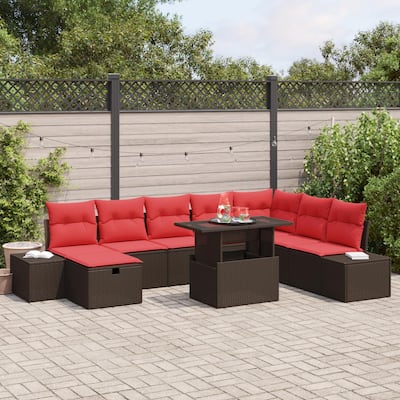 vidaXL 9 Garden Sofa Set with Cushions Black/Brown/Grey Poly Rattan - 125.6 x 82.3 x 27.2