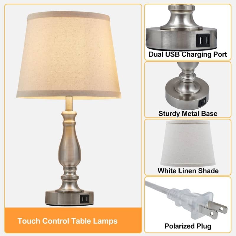 Lamps for Bedrooms Set of 2, Touch Bedside Table Lamp with USB Ports