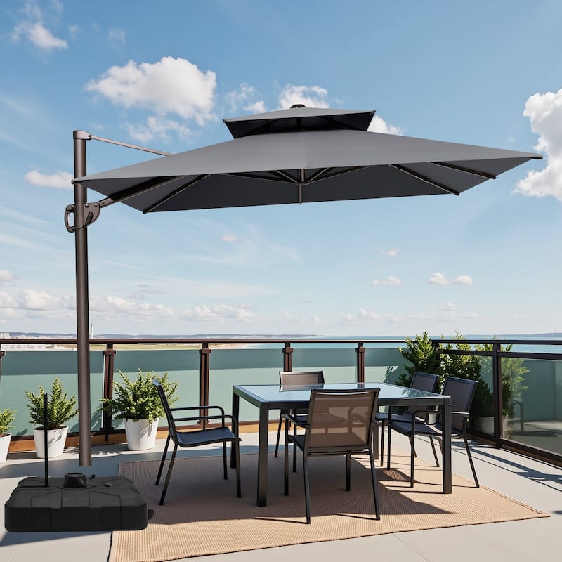 9 x 12 ft Double Top Patio Cantilever Umbrella 360-degree Rotation with Base - Dark Grey