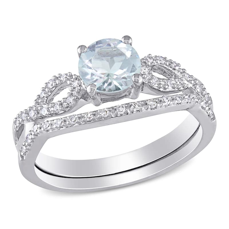 Miadora 10k White Gold Aquamarine and 1/6ct TDW Diamond Bridal Ring Set (G-H, I1-I2) - Blue