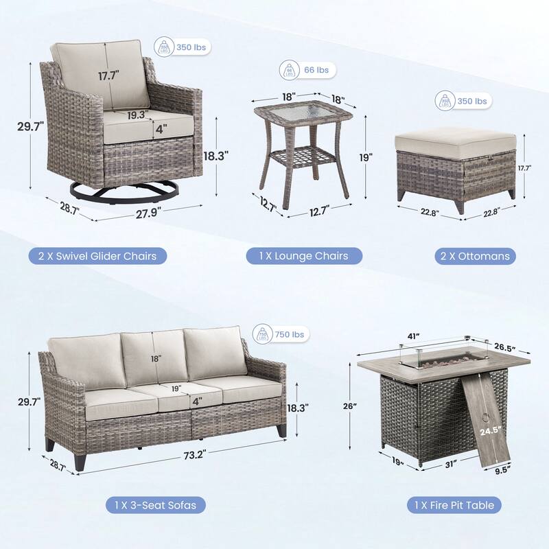 Pocassy 7 Pieces Sofa Siwvel Chair Ottoman w/ Fire Table