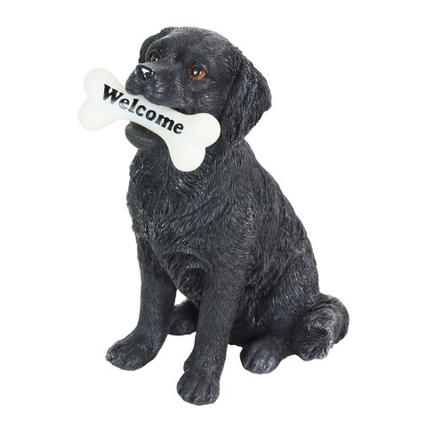 Exhart Solar Black Labrador Retriever Dog with LED Welcome Bone Garden Statuary, 14 Inch tall