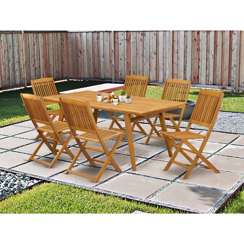 Modern 7-Piece Patio Table Set - Outdoor Dining Set with 6 Folding Chairs - Natural Wood Finish - 72