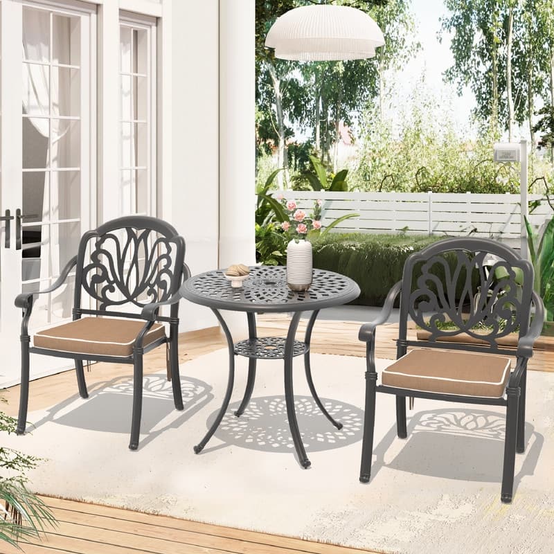 3/5-Piece Cast Aluminum Outdoor Dining Set with 30.71 in. Round Table and Cushions