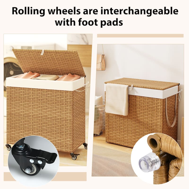 Gymax Laundry Hamper w/Wheels & Lid 125L 3-Section Clothes Hamper w/2
