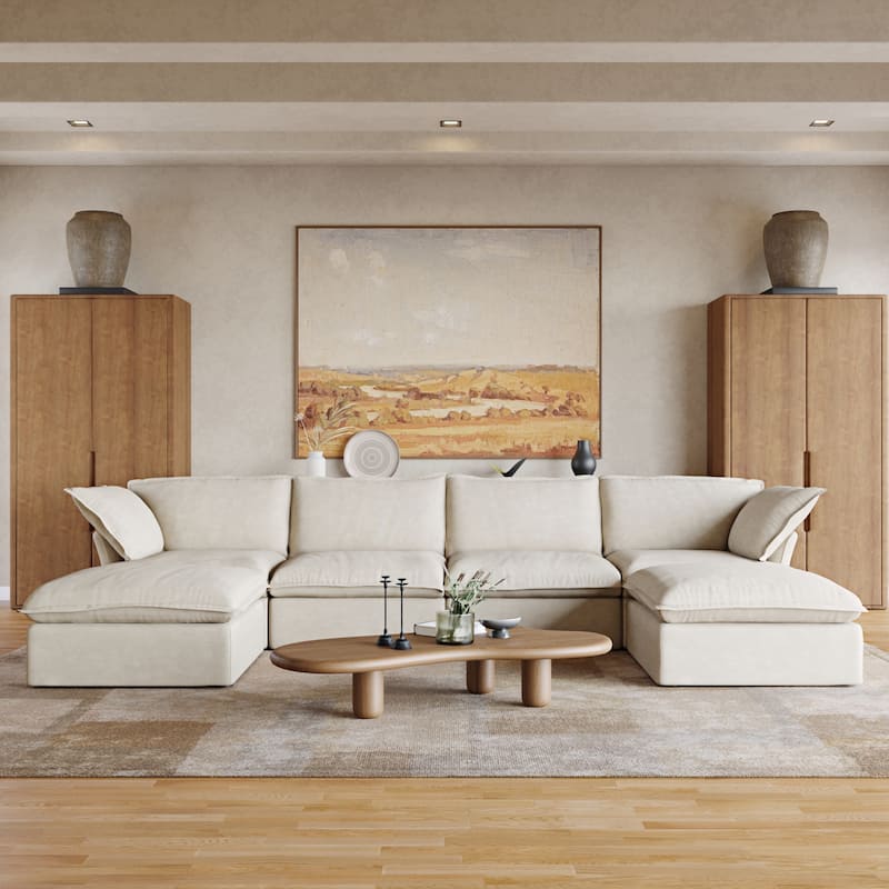 6 Piece U-shaped Velvet Upholstery Modular Sectional Sofa with 2 Ottoman - Beige