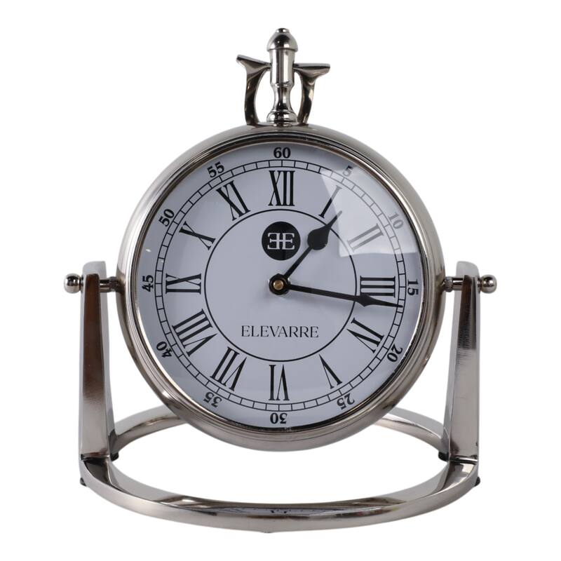 Metal Glass Desk Clock Roman Numerals Silent Movement and Pivot Stand - 9" x 9" x 10"