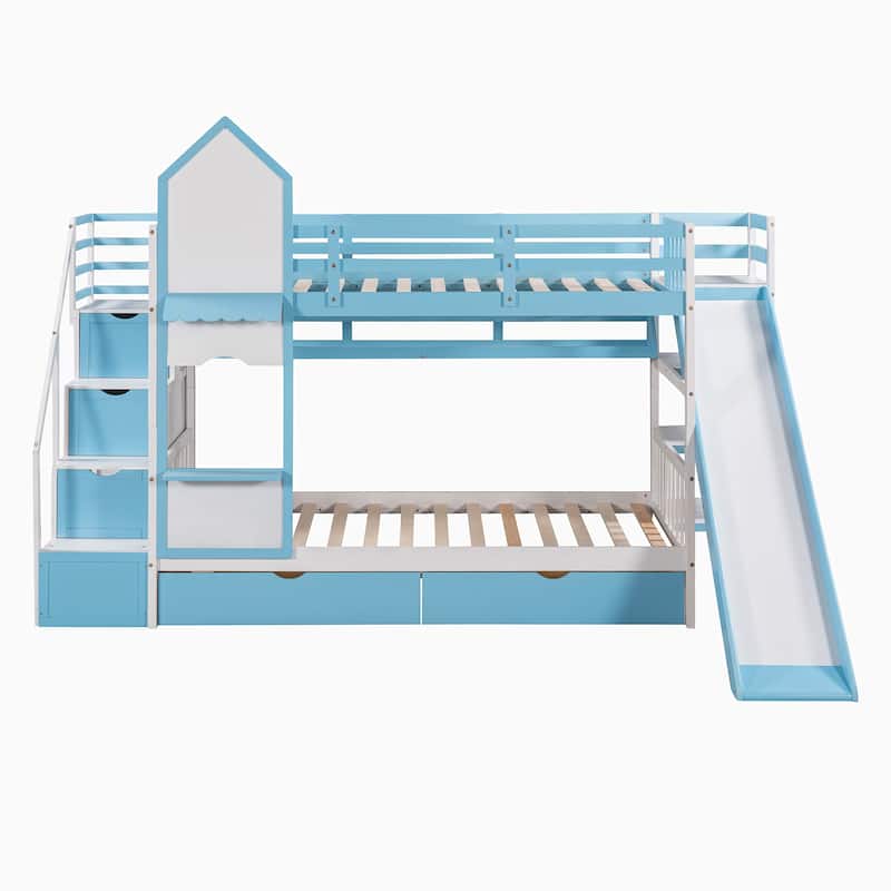 Twin-Over-Twin Wood Bunk Bed with Drawers, Shelves and Slide