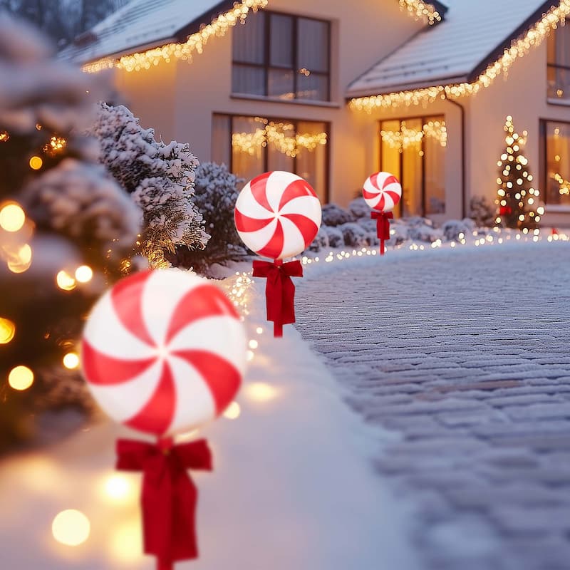 Peppermint Lollipops Christmas Pathway Markers - Clear Lights - 4.5' White Wire - 3ct - Red