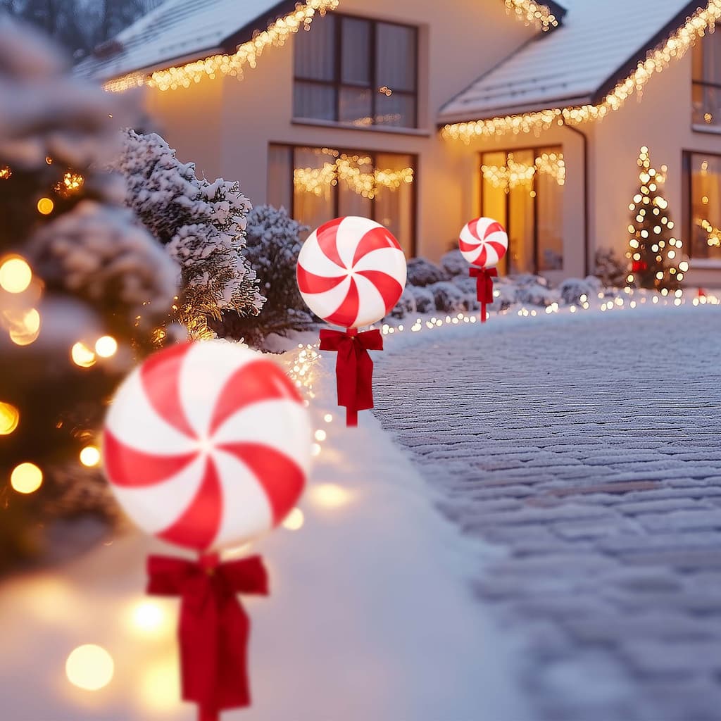 Lighted Peppermint Candy Christmas Outdoor Pathway Markers -16" - Set of 3 - Red