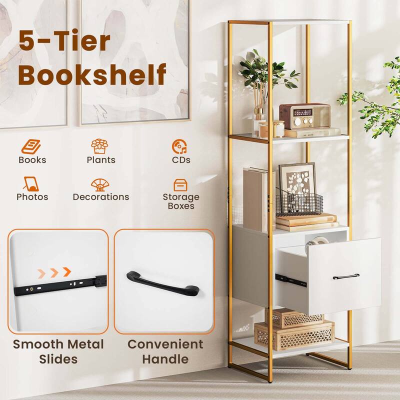 Costway 5-Tier Bookshelf with 4 Open Shelves Storage Drawer Modern - See Details