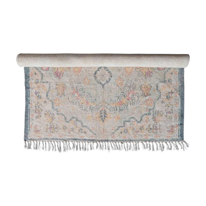 Cotton Chenille Distressed Print Rug with Fringe