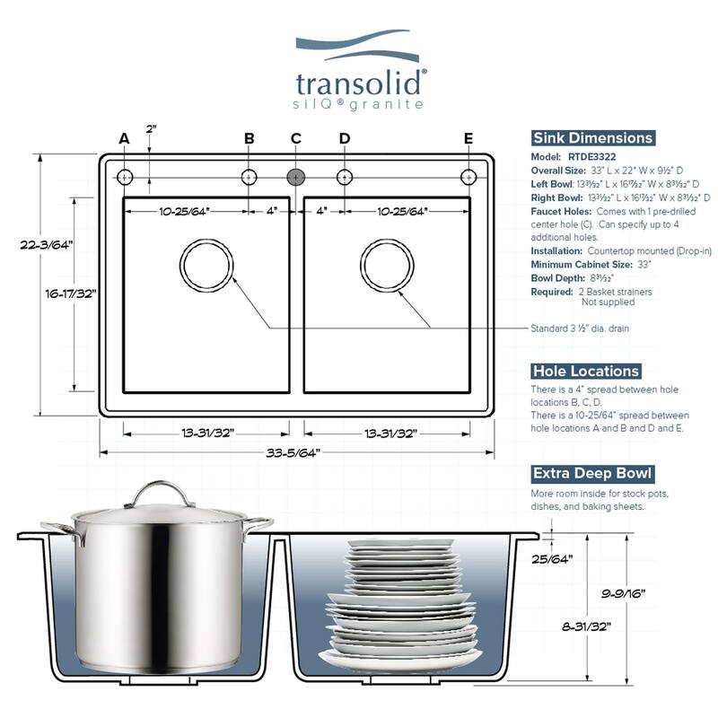 Transolid K-RTDE3322 Radius 33-1/16" Drop In Double Basin Granite