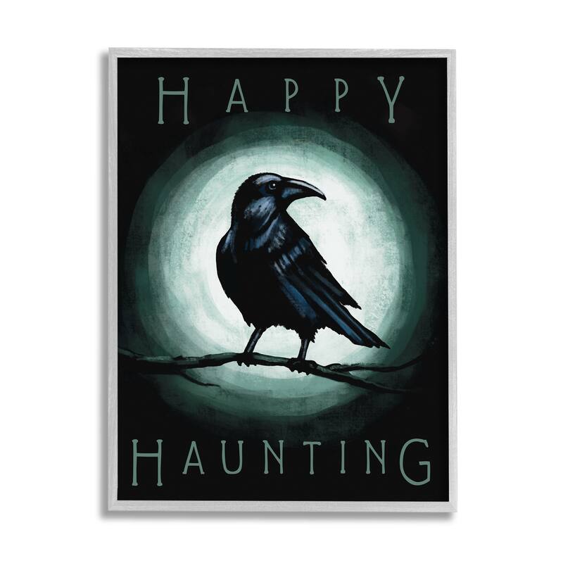 Stupell Happy Hauntings Phrase Black Crow Perched Festive Halloween Framed Wall Art