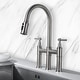 preview thumbnail 18 of 20, Transitional Bridge Kitchen Faucet with Pull-Down Sprayhead, Double Handle Kitchen Sink Faucet Brushed Nickel