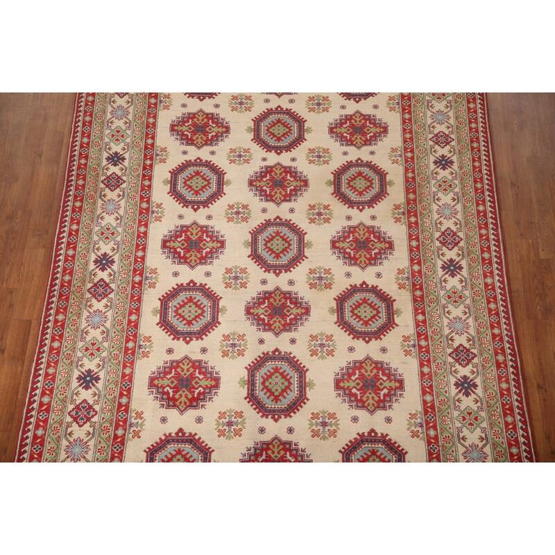 Beige Kazak Area Rug Hand-Knotted Geometric Wool Carpet - 6'6" x 9'2"