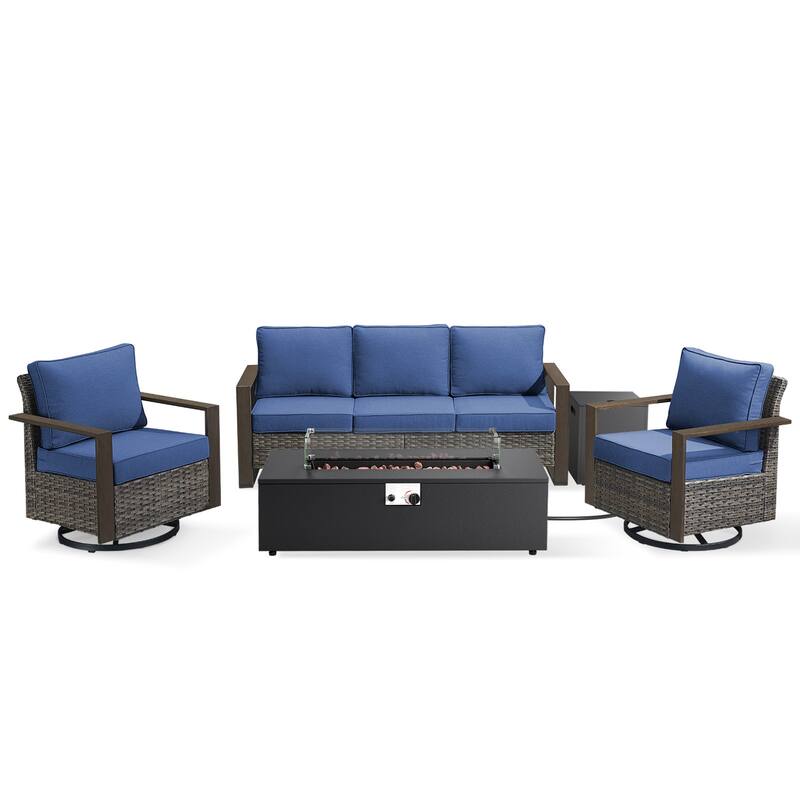 Pocassy 43 In Fire Pit w/ Outdoor Sofa Swivel Chair Ottoman Set