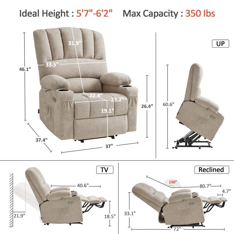 Power Lift Recliner Chair for Elderly, Massage and Heat, Faux Leather & Fabric