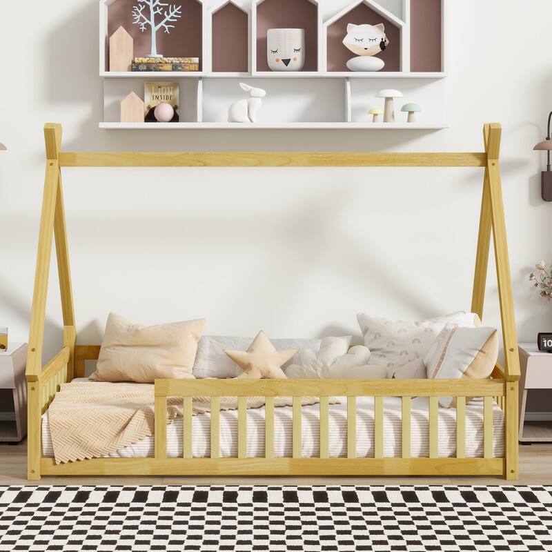 Twin Size Tent-shaped Floor Bed with Guardrails and Slats - Natural