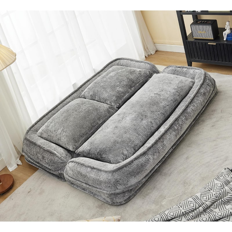 Pet Friendly Lazy Loveseat Sofa 2-in-1 Chenille Floor Couch Double Human Sleeper Bed with 5 Adjustable Position, Plump Pillows