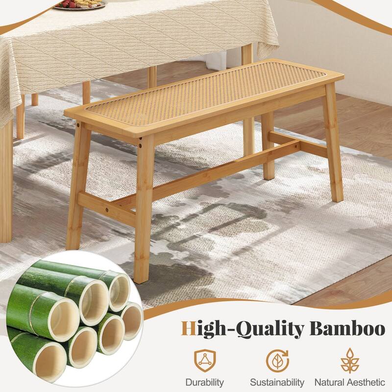 Costway 39.5” Bamboo Dining Bench with Handwoven Rattan Seat, Wooden - See Details