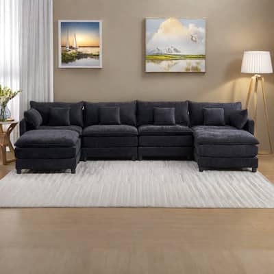 131.89" Chenille U-Shaped Sectional Sofa with Sleeper Function, 4-Seat Modular Design and Iron Frame Support