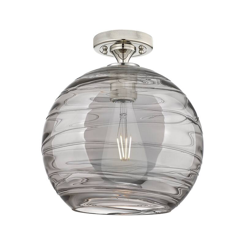 Innovations Lighting 434-1F-10-10 Crown Point Flush Mount Crown Point - Polished Nickel / Light Smoke Deco Swirl