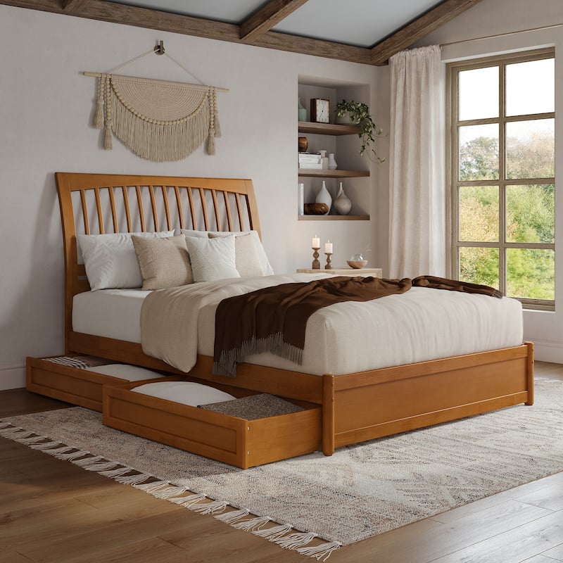 Roslyn Platform Bed with Panel Footboard and Storage Drawers - Light Toffee - Queen