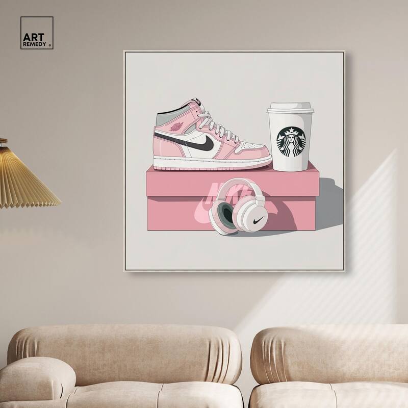 Pink Sneaker and Headphones Canvas by Art Remedy