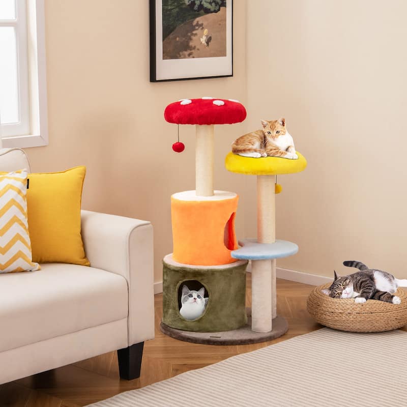 43" Multi-Level Cat Tree Tower with Sisal Posts Mushroom Perches Condos and Dangling Toys