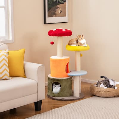 43" Multi-Level Cat Tree Tower with Sisal Posts Mushroom Perches Condos and Dangling Toys