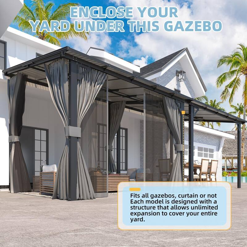 AECOJOY Gazebo for Patio, Small Wall-Mounted Lean to Pergola 8x8 Gazebo with Curtains and Netting, Hard Top Gazebo on Clearance