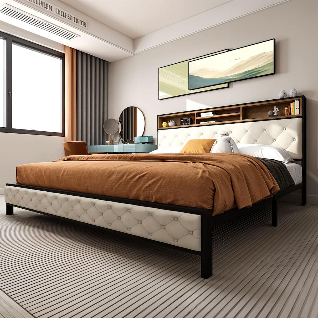 Modern King Upholstered Storage Bed With USB Power pad