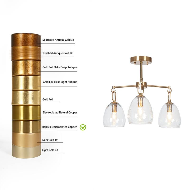 Blobfish Modern Gold 3-Light Chandelier Glass Wheel Semi-Flush Mount Lighting for Dining Room - D19.3"* H14.4"