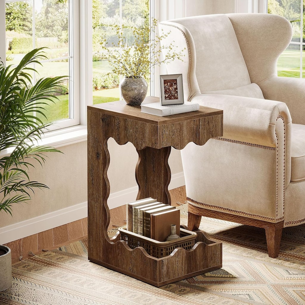 Narrow End Table, 2-Tier C-Shaped Side Table for Living Room, Farmhouse Nightstand for Bedroom, Next to Sofa Armchair