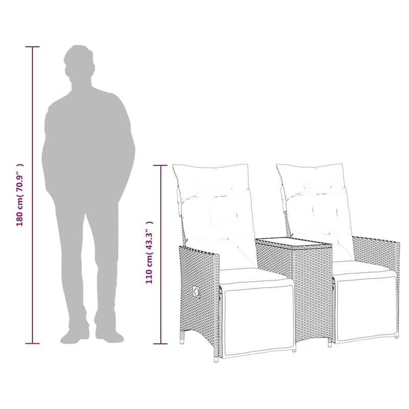 vidaXL Reclining Patio Sofa 2-Seater with Table Gray Poly Rattan - 51.2 x 23.2 x 36.2