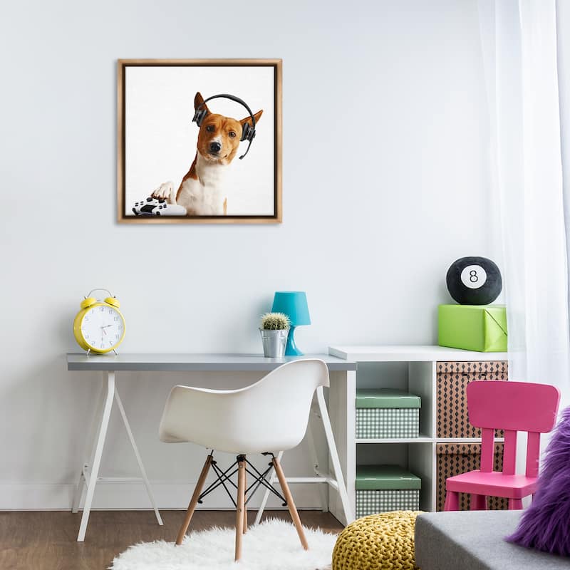 Stupell Gaming Dog with Headset Framed Floater Canvas Wall Art Design By CAD Designs