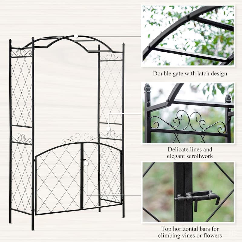 85" Garden Arch Arbor, Metal Arch Trellis with Gate, Garden Archway for Climbing Vines, Wedding Ceremony Decoration, Black
