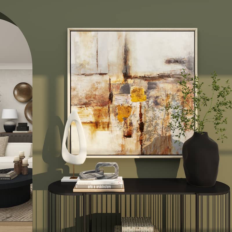 Brown Canvas Abstract Living Room Framed Wall Art with Silver Frame