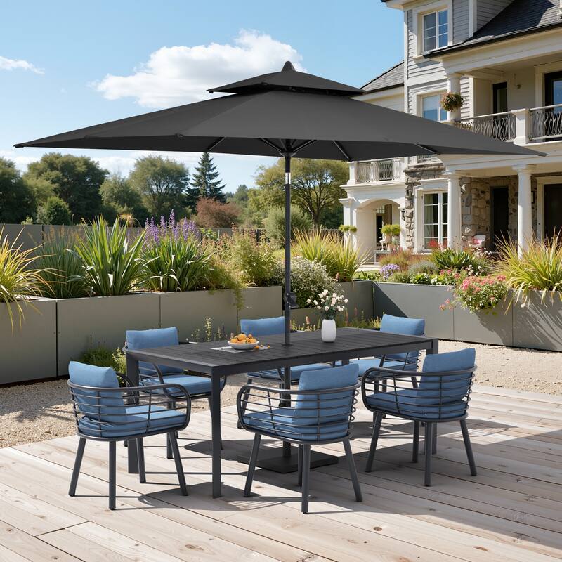 9/11-Piece Outdoor Patio Dining Set w/10 ft Umbrella and Base Aluminum Dining Table and Dining Chairs with Sunbrella Cushions - Set of 9 - Black Table with Black Umbrella