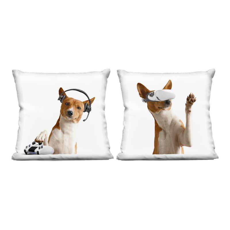 Stupell Video Game Dogs with VR Decorative Printed Throw Pillow Design by CAD Designs (Set of 2) - Pillow Sets - Polyester - White - Set of 2