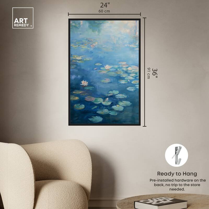Art Remedy Lilypads In Blues Framed Impressionism 1 Piece Canvas Wall Art /Monet And Van Gogh Inspired Art
