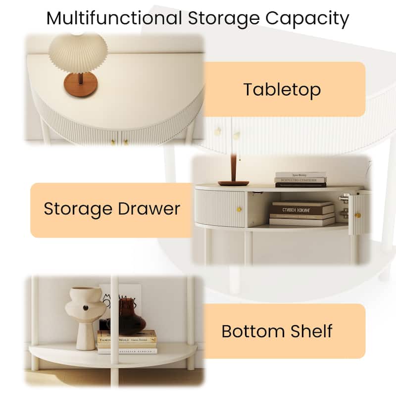 Console Table Unique Half Moon End Table with Open Shelf, Entryway Table Cream White Hallway Table Side Table