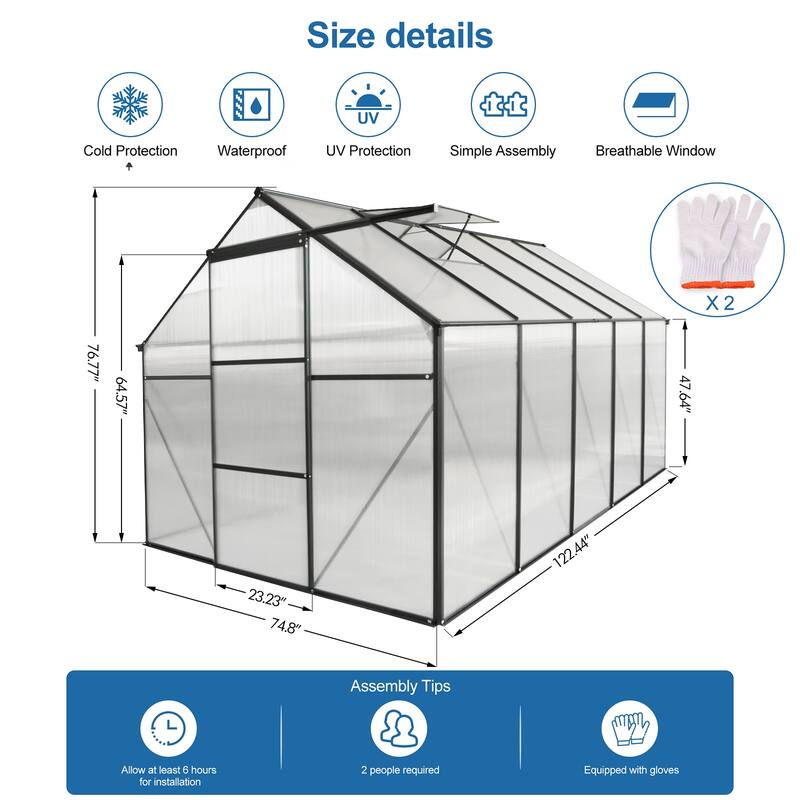 6x10 FT Polycarbonate Greenhouse Raised Base and Anchor Aluminum - N/A
