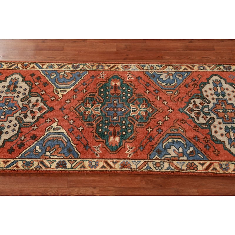 Hand Knotted Oriental 100% Wool Carpet Traditional Geometric Oranges & Rust Kazak Runner Rug - 9' 10'' X 2' 7''
